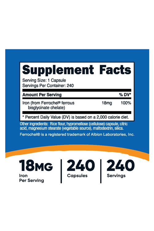 Nutricost Chelated Iron (from Ferrochel) 18mg, 240 Capsul.Orıjınal Resmi Firma Ürünü.40.