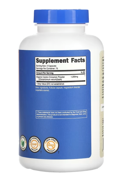 Nutricost Organic Cinnamon (Ceylon Cinnamon) 1,200mg Serving, 150 Capsul.