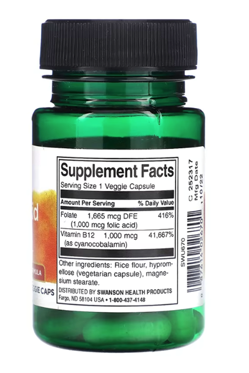 Swanson, Folic Acid (Özelsporcugıdaları) B12, 30 Veggie Capsul.Abd Menşei.