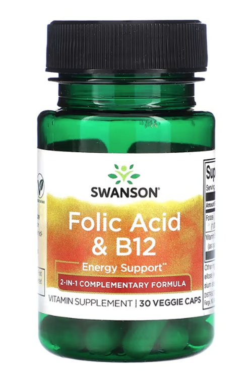 Swanson, Folic Acid (Özelsporcugıdaları) B12, 30 Veggie Capsul.Abd Menşei.