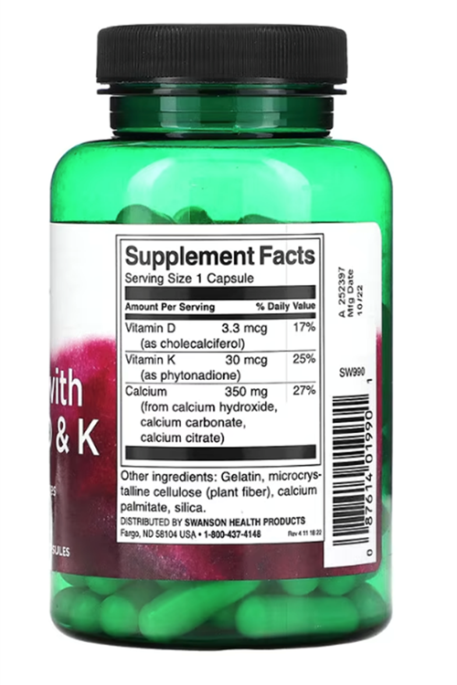 Swanson, Calcium with Vitamins D & K, 100 Capsul.Made In Usa