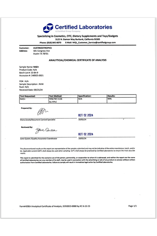 Austinootropics NAD Nicotinamide Adenine Dinucleotide Pure Potency 500mg  60 capsul.Made ın Usa.65.