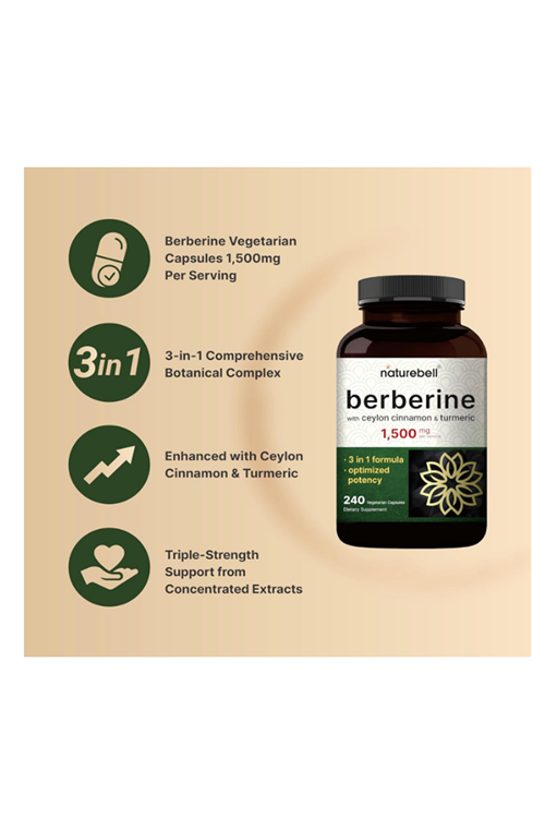 NatureBell Berberine 1500mg, 240 Veggie Capsul  1000mg True Ceylon Cinnamon & 300mg Turmeric.Made ın Usa.4054