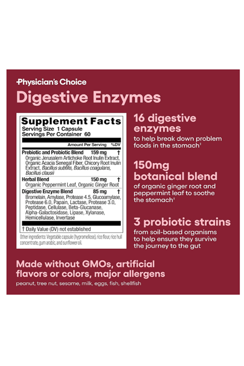 Physician's CHOICE Digestive Enzymes - Multi Enzymes, Organic Prebiotics & Gut Health - Meal Time Discomfort Relief & Bloating - Dual Action Approach - 60 Capsul.4043