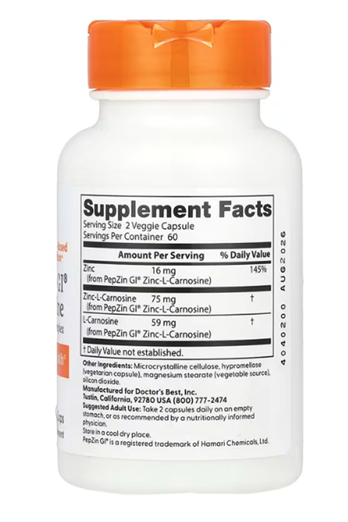 Doctor’s Best PepZin GI   Zinc-L-Carnosine Complex 120 Veggie Capsul.USA.50.