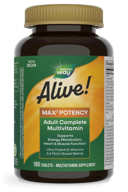 Nature's Way Alive! Max3 Potency Adult Complete Multivitamin, Ultra Potency B-vitamins to Support Energy Metabolism*, with Methylated B12 and Folate, 180 Tablets.3861