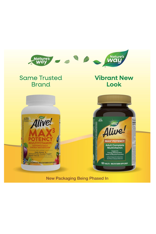 Nature's Way Alive! Max3 Potency Adult Complete Multivitamin, Ultra Potency B-vitamins to Support Energy Metabolism*, with Methylated B12 and Folate, 180 Tablets.3861