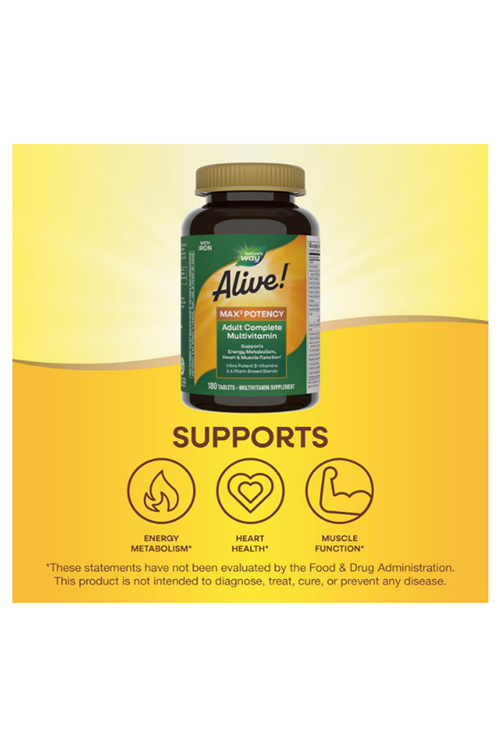 Nature's Way Alive! Max3 Potency Adult Complete Multivitamin, Ultra Potency B-vitamins to Support Energy Metabolism*, with Methylated B12 and Folate, 180 Tablets.3861