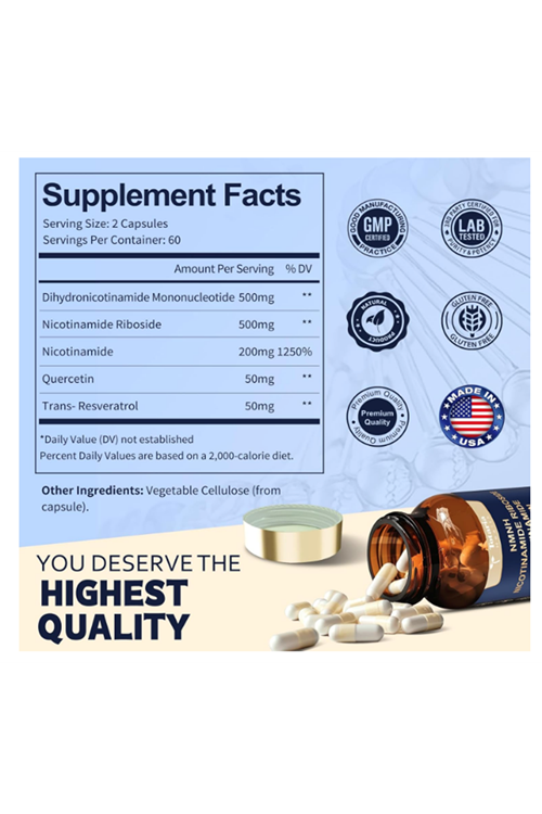 TOTARİA NMNH NMN Niacinamide  Quercetin, Trans-Resveratrol, Support NAD+, Skin Cell Health*, Anti-Aging & Energy, 120 Capsul.4149