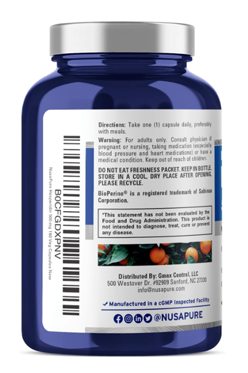 NusaPure Hesperidin 500 mg per Veggie Caps - 180 Capsul (BioPerine, High Absorption) Made ın Usa.4052