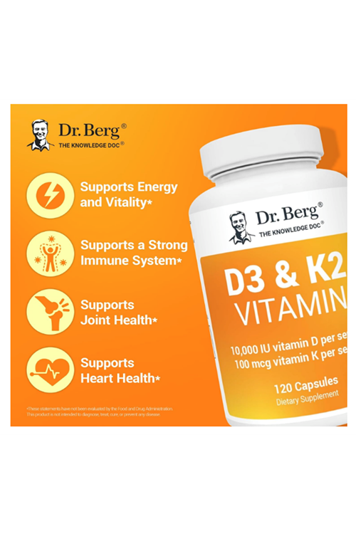 Dr. Berg Vitamin D3 K2 120 Capsul  w/MCT Powder - Includes 10,000 IU of Vitamin D3, 100 mcg MK7 Vitamin K2, Purified Bile Salts, Zinc & Magnesium for Ultimate Absorption.62.