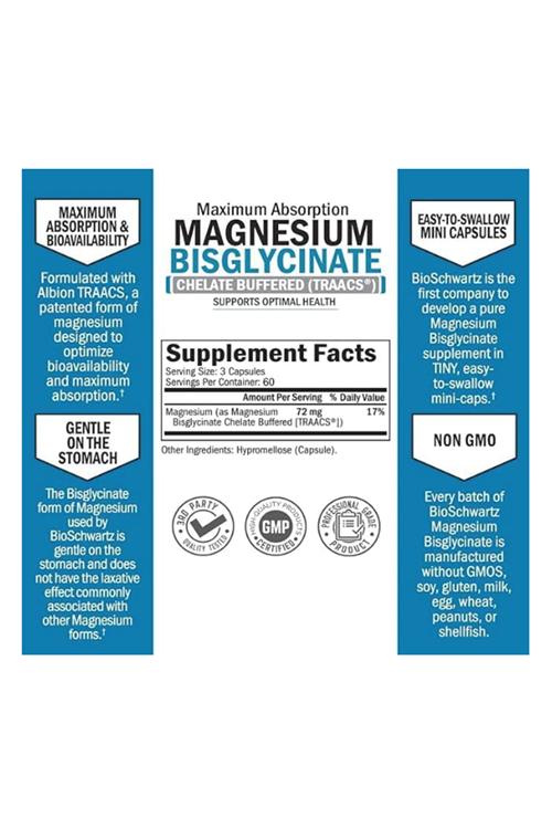 BioSchwartz Magnesium Bisglycinate 100% Chelate No-Laxative Effect - Maximum Absorption- Fully Reacted & Buffered for Energy Muscle Bone & Joint Support -180 Vegi Capsul.47.