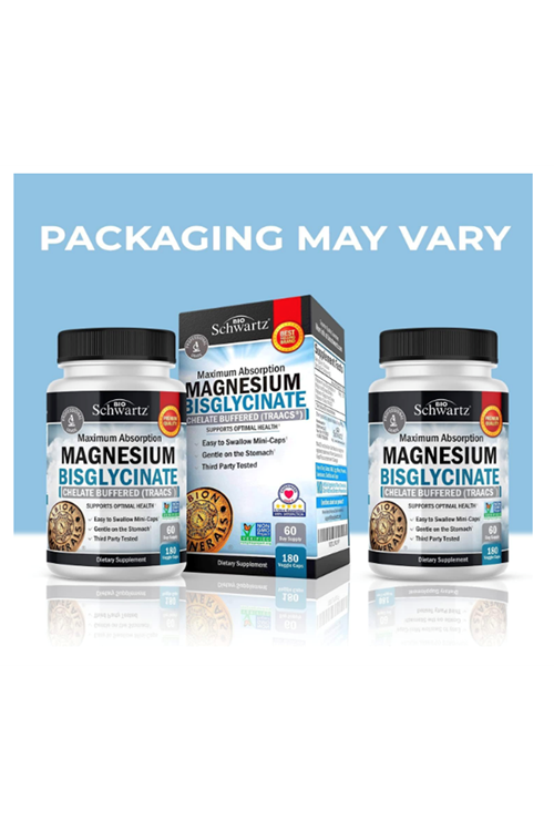 BioSchwartz Magnesium Bisglycinate 100% Chelate No-Laxative Effect - Maximum Absorption- Fully Reacted & Buffered for Energy Muscle Bone & Joint Support -180 Vegi Capsul.47.