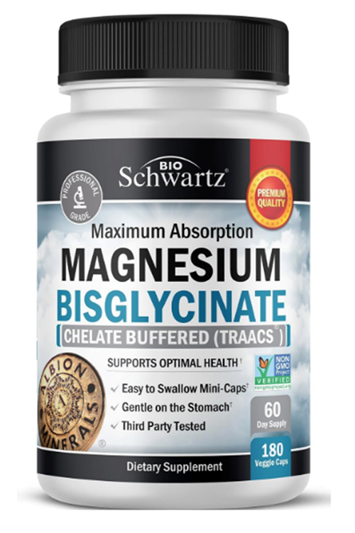 BioSchwartz Magnesium Bisglycinate 100% Chelate No-Laxative Effect - Maximum Absorption- Fully Reacted & Buffered for Energy Muscle Bone & Joint Support -180 Vegi Capsul.