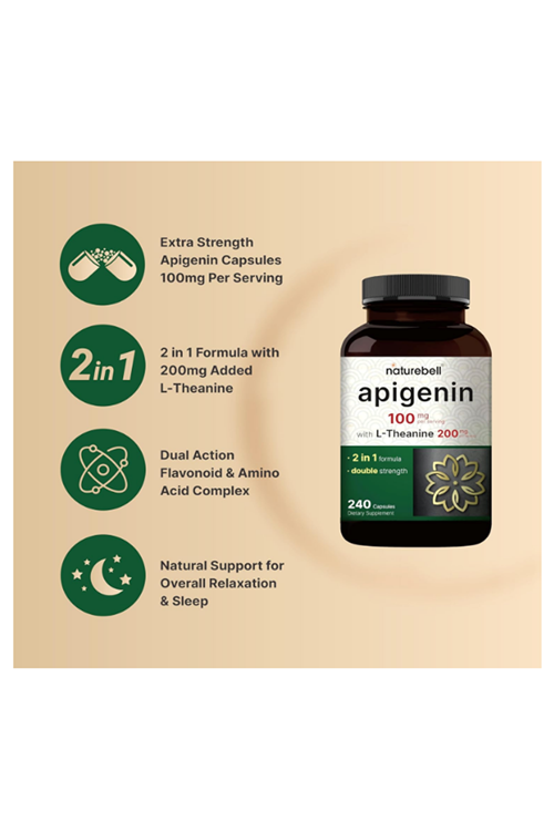 NatureBell Apigenin 100mg with L-Theanine, 240 Capsules (50mg Apigenin Per Capsule) – Extra Strength Sleep & Relaxation.