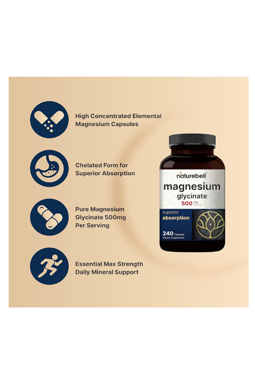 NatureBell Magnesium Glycinate  500mg  240 Capsul 100% Chelated & Purified.USA.43.