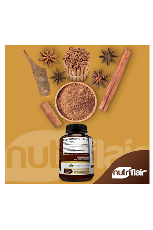 NutriFlair Organic Ceylon Cinnamon (100% Certified Organic Ceylon Cinnamon) 1200mg per Serving, 180 Capsul.USA