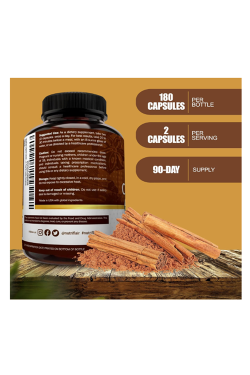 NutriFlair Organic Ceylon Cinnamon (100% Certified Organic Ceylon Cinnamon) 1200mg per Serving, 180 Capsul.USA
