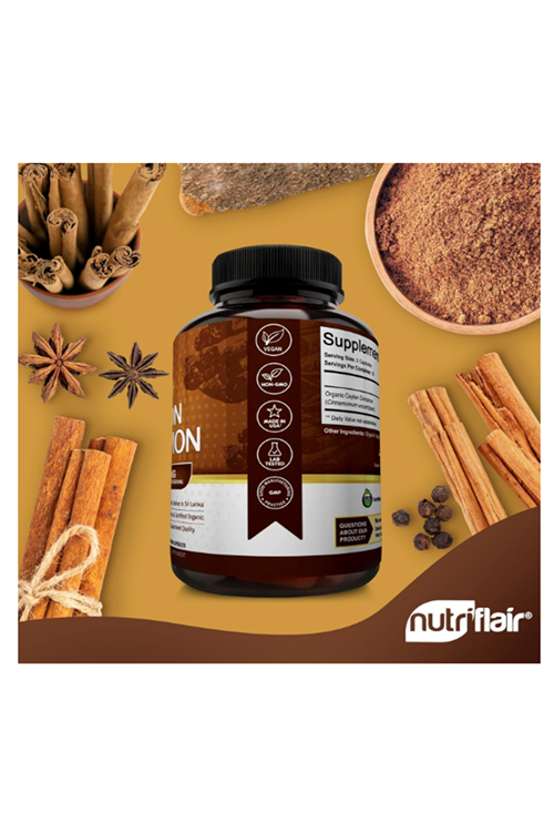 NutriFlair Organic Ceylon Cinnamon (100% Certified Organic Ceylon Cinnamon) 1200mg per Serving, 180 Capsul.USA