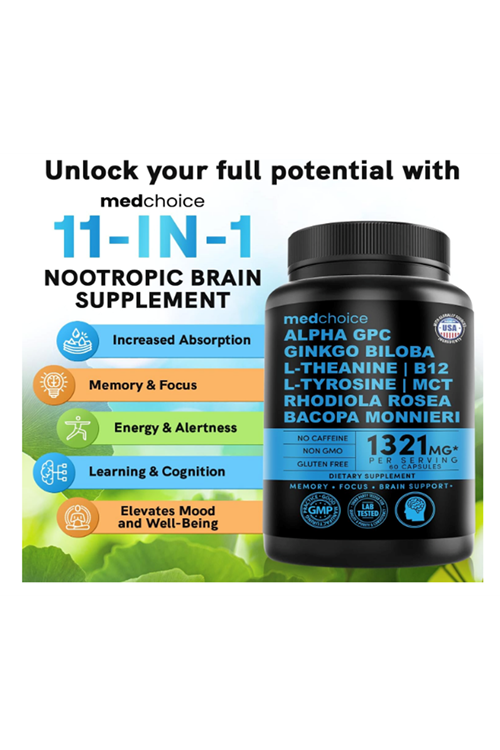 MEDCHOICE Nootropic Brain  Memory  Focus Ginkgo Biloba, L Theanine, Bioperine, Alpha GPC Choline - 1321mg, 60 Capsul.Made ın Usa.50.
