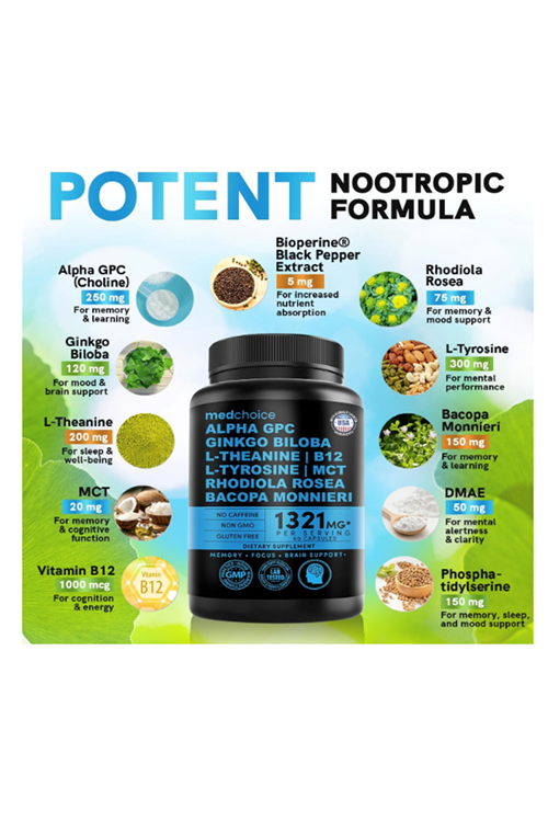 MEDCHOICE Nootropic Brain  Memory  Focus Ginkgo Biloba, L Theanine, Bioperine, Alpha GPC Choline - 1321mg, 60 Capsul.Made ın Usa.50.