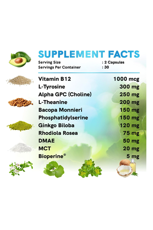 MEDCHOICE Nootropic Brain  Memory  Focus Ginkgo Biloba, L Theanine, Bioperine, Alpha GPC Choline - 1321mg, 60 Capsul.Made ın Usa.50.