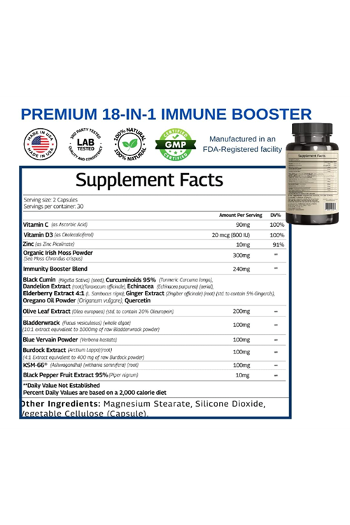 VINATURA Organic SEA MOSS  Blue Vervain - with Black Seed Oil, KSM 66 - Ginger, Burdock Root - 1250mg 60 Capsul. Made ın Usa.53.