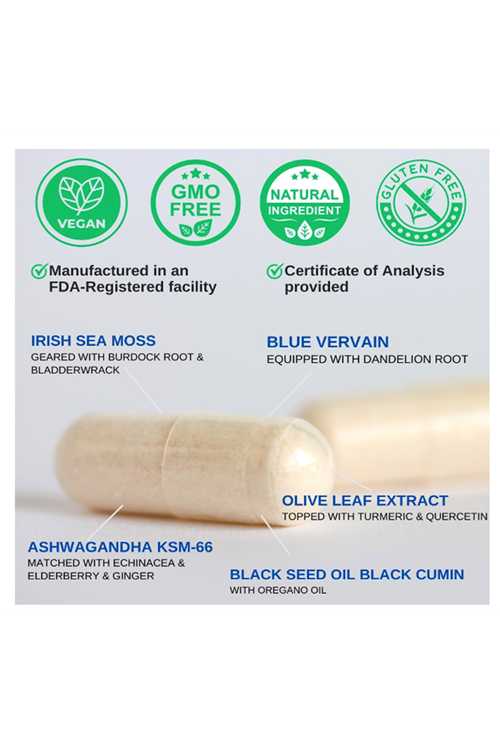 VINATURA Organic SEA MOSS  Blue Vervain - with Black Seed Oil, KSM 66 - Ginger, Burdock Root - 1250mg 60 Capsul. Made ın Usa.53.