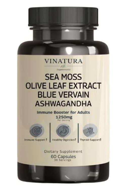 VINATURA Organic SEA MOSS  Blue Vervain - with Black Seed Oil, KSM 66 - Ginger, Burdock Root - 1250mg 60 Capsul. Made ın Usa.053