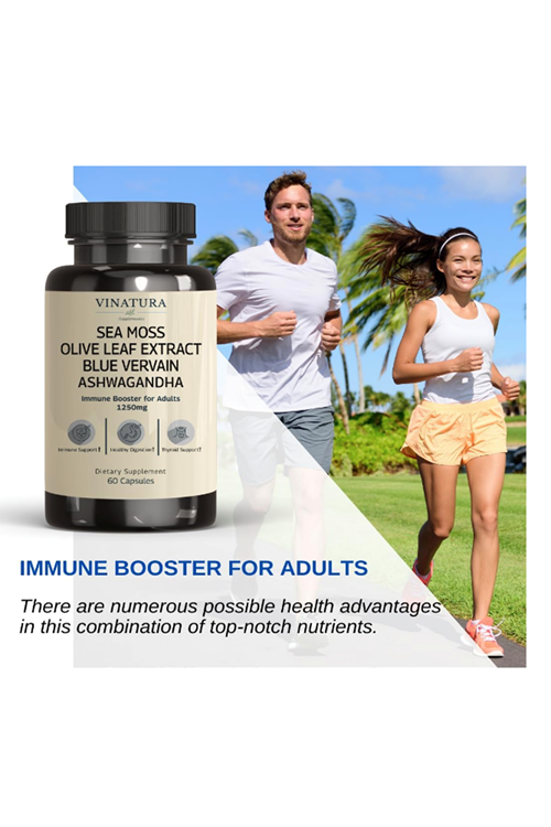 VINATURA Organic SEA MOSS  Blue Vervain - with Black Seed Oil, KSM 66 - Ginger, Burdock Root - 1250mg 60 Capsul. Made ın Usa.53.