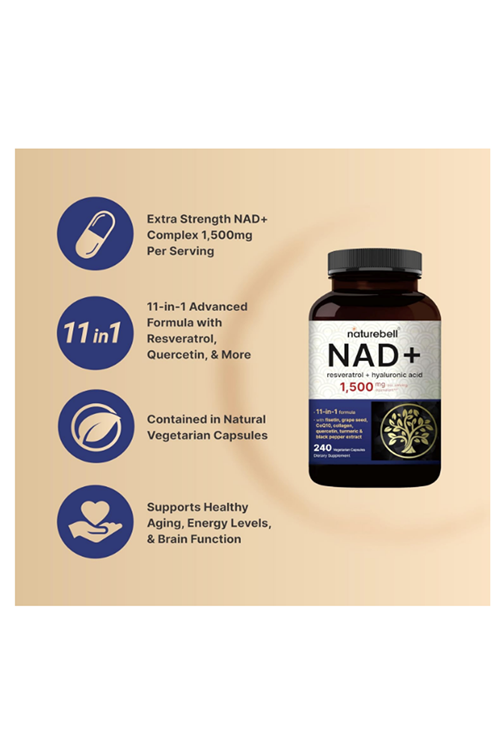 NatureBell NAD+ 1,500mg  240 Veggie Capsul 10-in-1 Complex with Resveratrol Plus Hyaluronic Acid, Quercetin, Fisetin, Collagen, & More – Nicotinamide.4054.