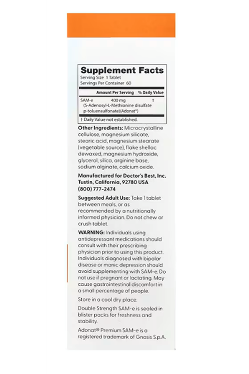 Doctor's Best, SAM-e, Double Strength, 400 mg, 60 Enteric Coated Tablets.Abd Menşei.75.
