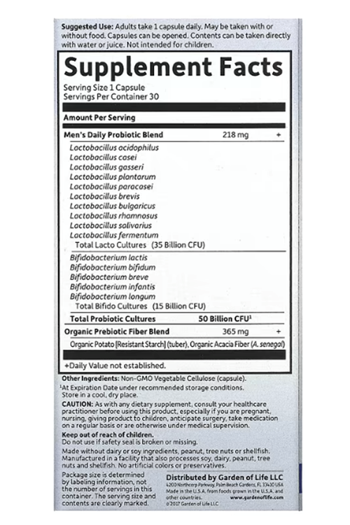 Garden of Life, Dr. Formulated Probiotics, Once Daily Men's, 50 Billion, 30 Vegetarian Capsul.Made ın Usa.3959