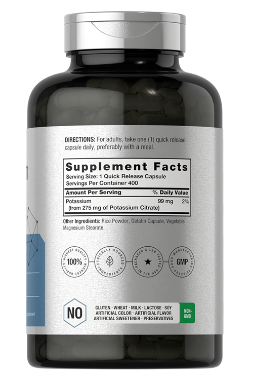 Horbaach Potassium Citrate 275 mg 400 Capsules Non-GMO, Gluten Free. 3945