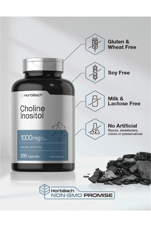 Horbaach Choline Inositol 1000mg 200 Capsules Non-GMO, Gluten Free