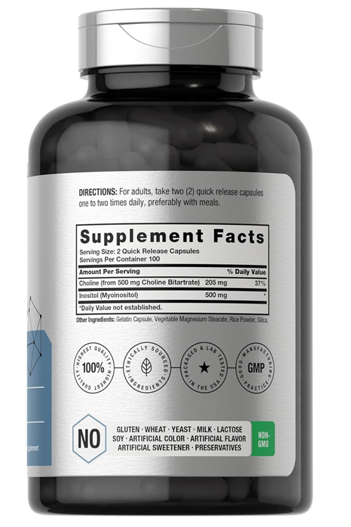 Horbaach Choline Inositol 1000mg 200 Capsules Non-GMO, Gluten Free