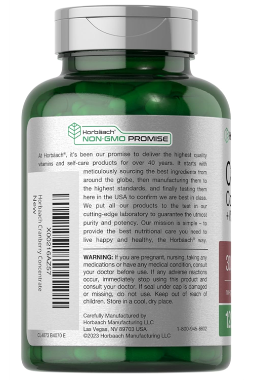 Horbaach Cranberry Concentrate Extract + Vitamin C 30,000mg 120 Capsules Non-GMO and Gluten Free