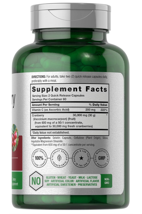Horbaach Cranberry Concentrate Extract + Vitamin C 30,000mg 120 Capsules Non-GMO and Gluten Free