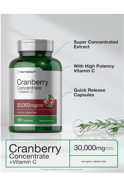 Horbaach Cranberry Concentrate Extract + Vitamin C 30,000mg 120 Capsules Non-GMO and Gluten Free