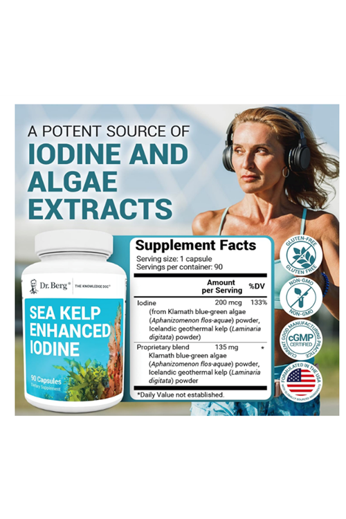 Dr. Berg  Sea Kelp - 200mcg  Premium Iodine - Blend Includes Klamath Blue-Green Algae - 90 Capsules.57