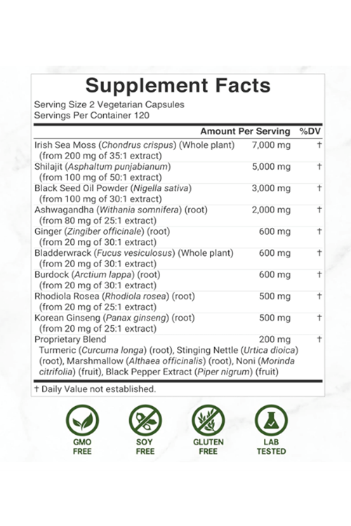 DEAL SUPPLEMENT Irish Sea Moss 7000mg  240 Veggie Capsul – 14 Superfood Complex – Shilajit, Black Seed Oil, Ginger.4144