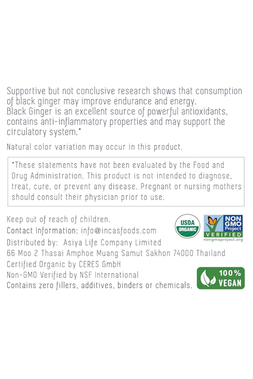 INCAS USDA Organic Thai Black Ginger for Men 500mg  120 Vegan Capsul Non GMO Verified  First & Only Organic Certified Kaempferia Parviflora Thai Ginseng