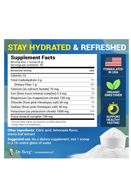 Dr. Berg Zero Sugar Hydration Keto Electrolyte Powder - 1000 mg of Potassium & Real Pink Himalayan Salt (NOT Table Salt) -Hydration Drink Mix - 50 Servings 300gr