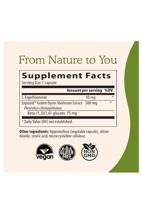 Real Mushrooms L-Ergothioneine, Golden Oyster Mushroom Extract 60ct Longevity, Immune Support Brain Blend with Beta Glucan - Organic, Vegan.Made ın Usa.57.