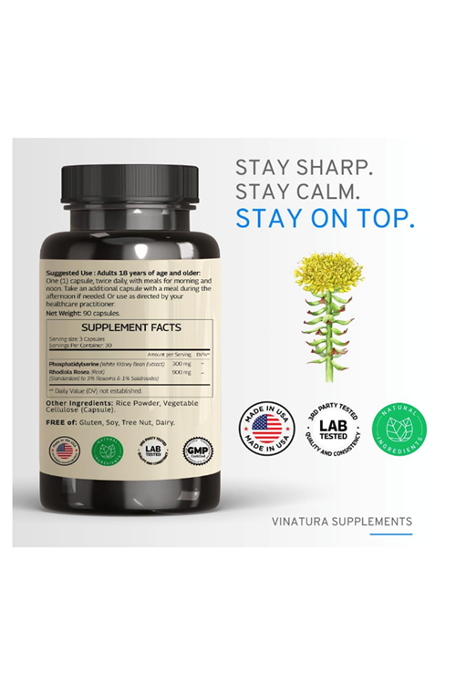 VINATURA PhosphatidylSerine 300mg - with Rhodiola Rosea, 90 Capsules 45 Servings.Made ın Usa