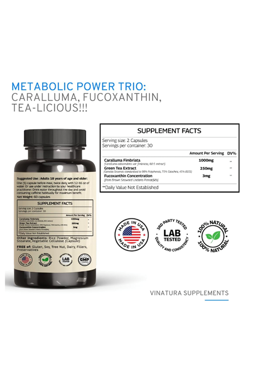VINATURA Caralluma Fimbriata, EGCG 45% Extract 1250mg + Fucoxanthin *USA Made & Tested* for Immune Support, Energy and Mental Focus - 60 Capsules.