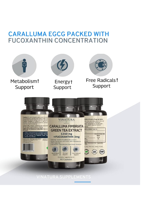 VINATURA Caralluma Fimbriata, EGCG 45% Extract 1250mg + Fucoxanthin *USA Made & Tested* for Immune Support, Energy and Mental Focus - 60 Capsules.