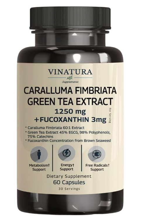 VINATURA Caralluma Fimbriata, EGCG 45% Extract 1250mg + Fucoxanthin *USA Made & Tested* for Immune Support, Energy and Mental Focus - 60 Capsules.