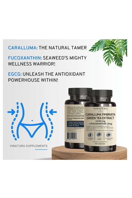 VINATURA Caralluma Fimbriata, EGCG 45% Extract 1250mg + Fucoxanthin *USA Made & Tested* for Immune Support, Energy and Mental Focus - 60 Capsules.