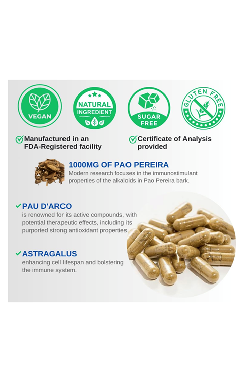VINATURA Pao Pereira + PAU D'Arco, Astragalus - 1300MG, USA Made & Tested, Stem Cells and Immune Support, 60 Capsules.53E